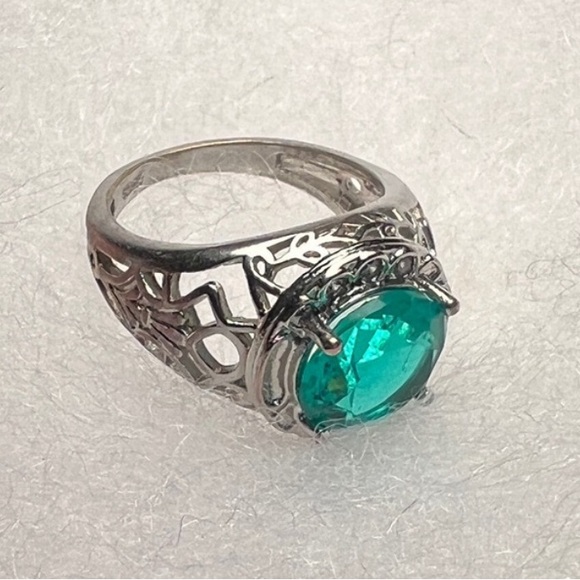 Vintage Green Gemstone Fashion Ring Size 6 Marked S925 Filigree Band Open Back - Picture 3 of 10